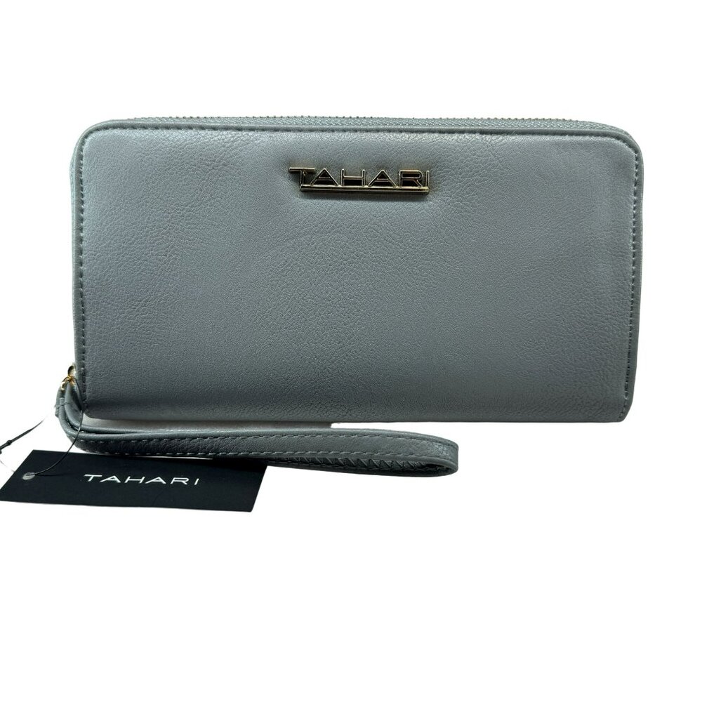 Tahari Call Center Slate Blue Faux Leather Wristlet Identity Protect Lining NEW